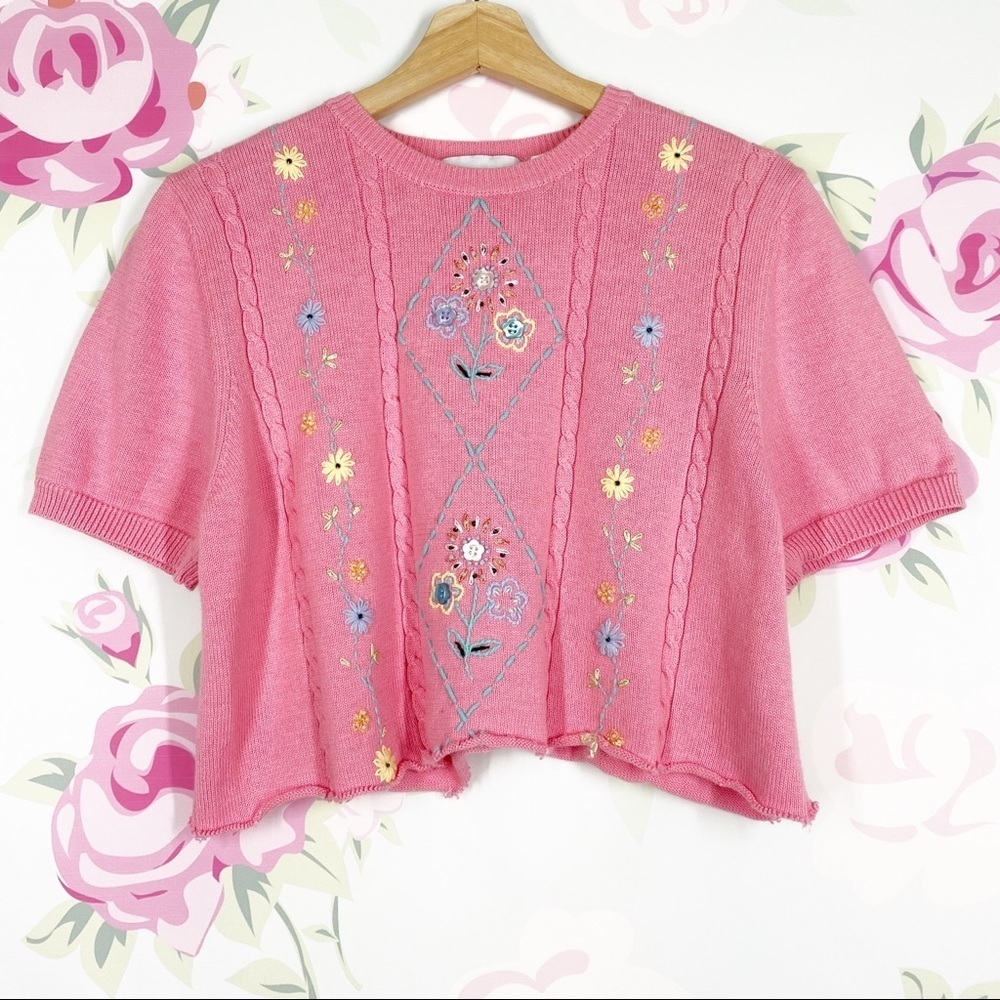 Vintage Style Pink Floral Grannycore Embroidered Knit Crop Top S